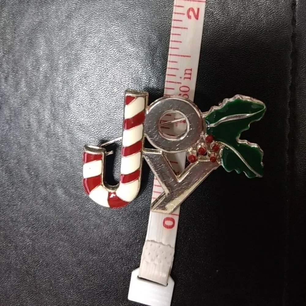 Silver tone joy brooch Candy Cane Holly Red Green